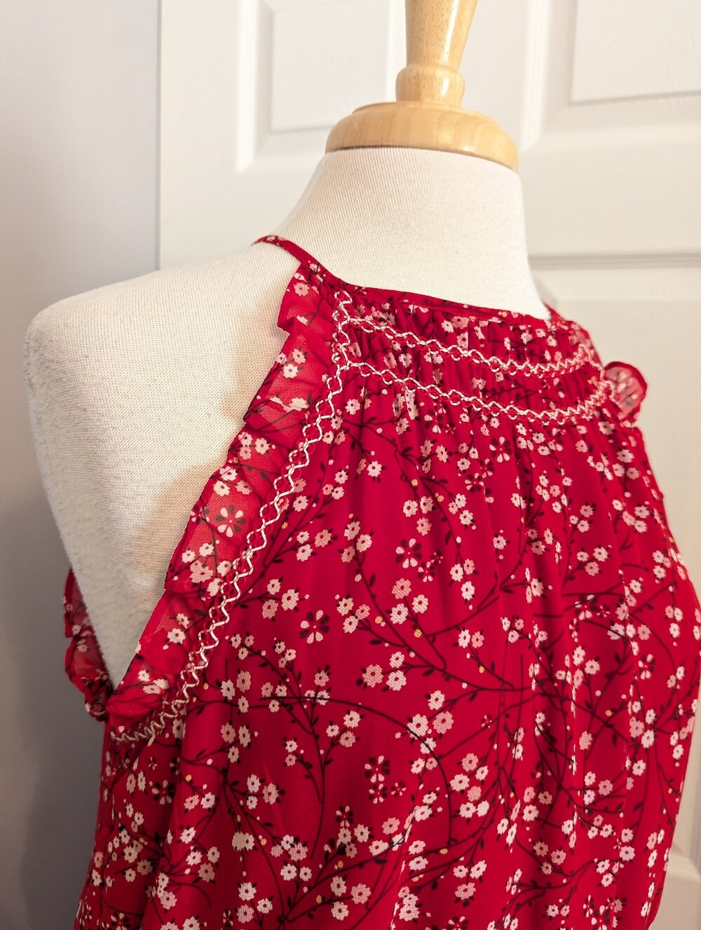 Max Studio Red White Floral Ruffle Smocked Sleeveless Halter Maxi Dress Large - Picture 3 of 11